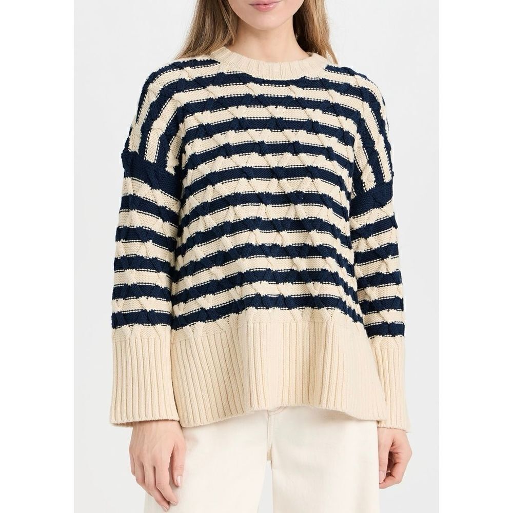 NWT Madewell Cable Knit Oversized Sweater in Stripe size Small Cream Navy Crewne